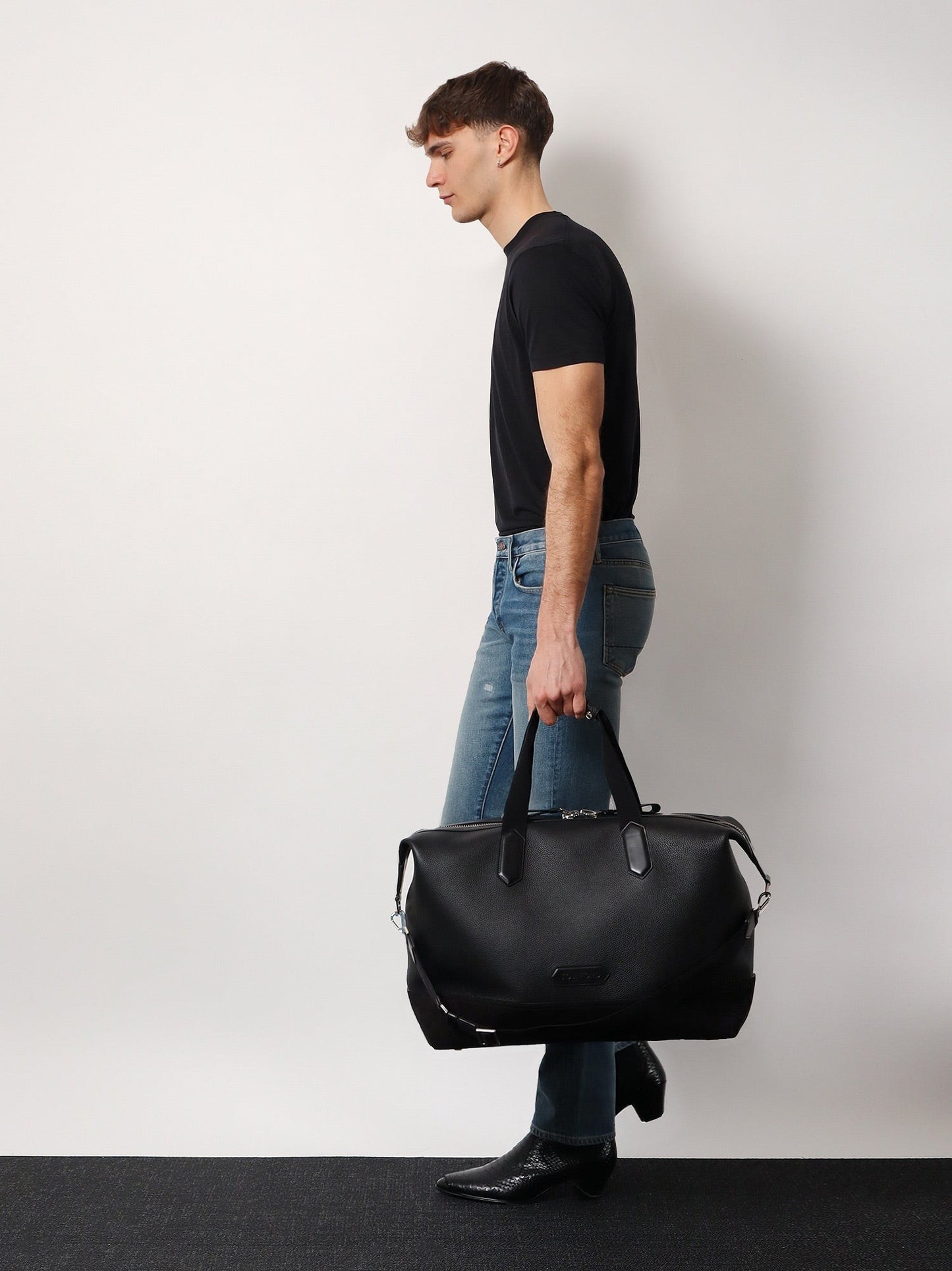TOM FORD Leather duffle bag with suede inserts and logo patch