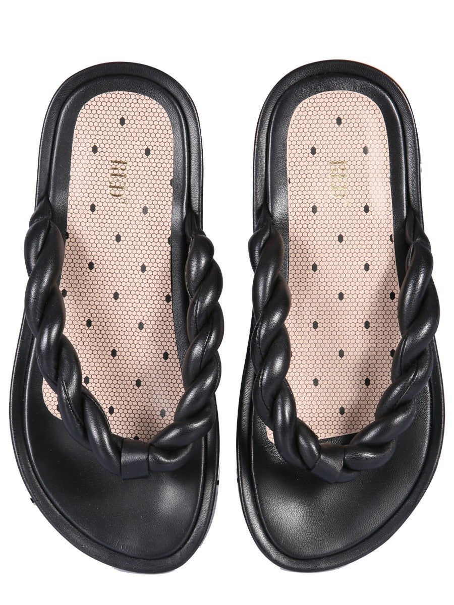 RED (V) LEATHER SLIDE SANDALS