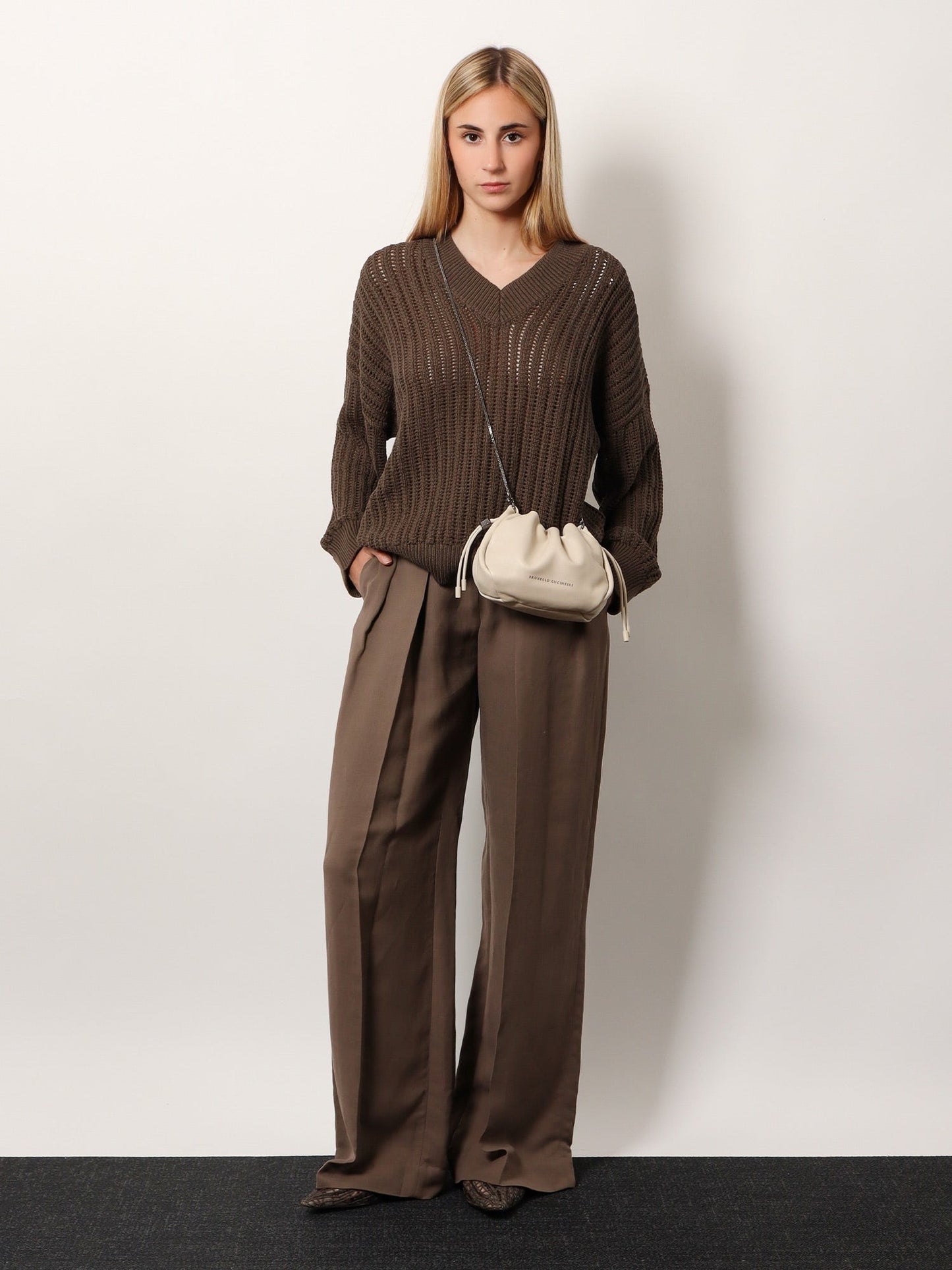 Brunello Cucinelli Mellow mini bucket bag in soft leather with precious chain