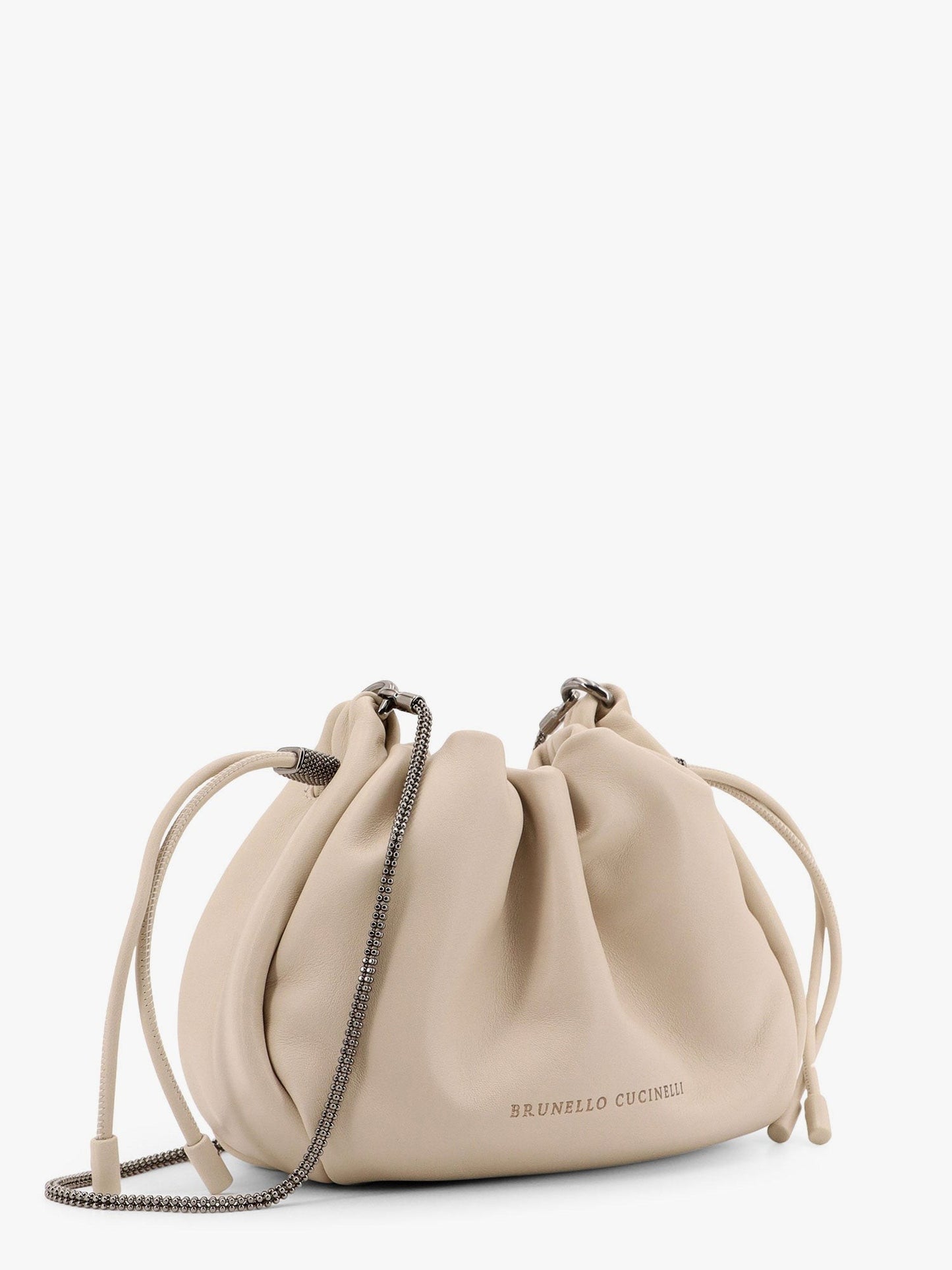 Brunello Cucinelli Mellow mini bucket bag in soft leather with precious chain