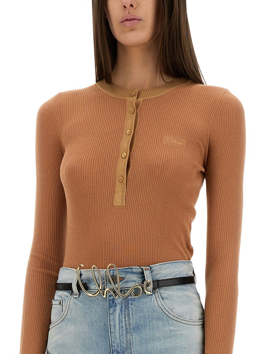 CHLOÉ MERINO WOOL FINE KNIT "HENLEY" SHIRT