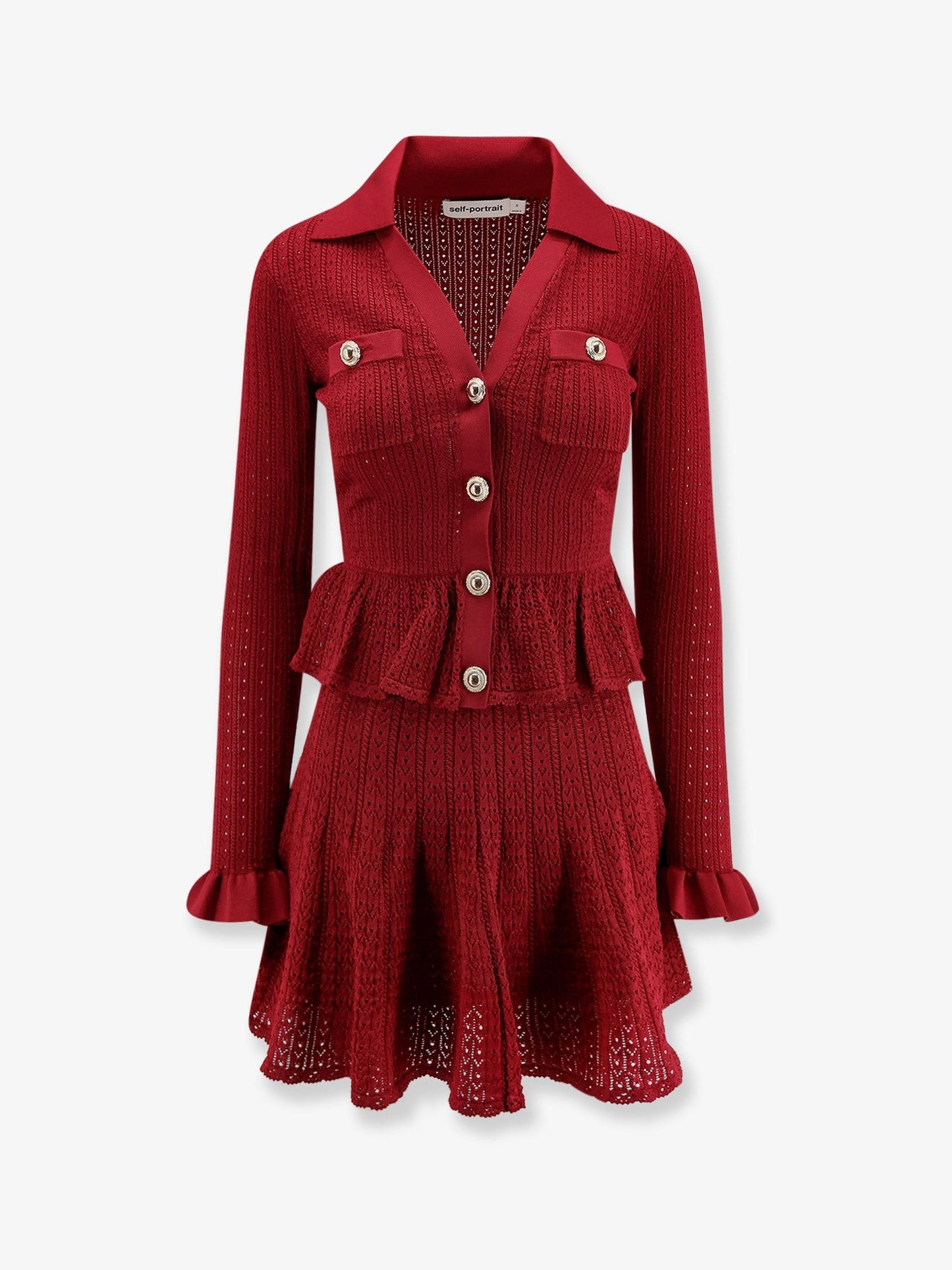 SELF PORTRAIT Perforated knit short dress with jewel buttons