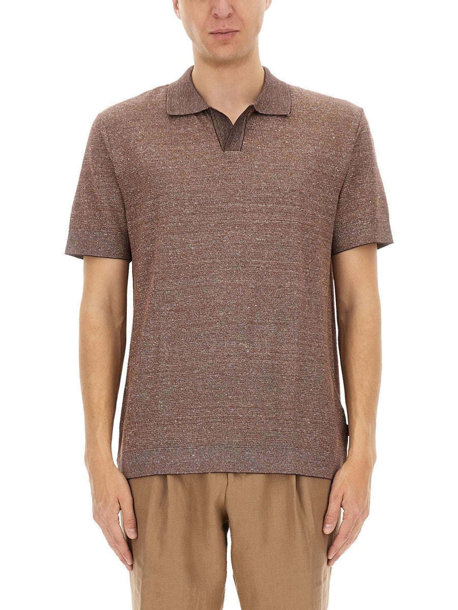 BOSS CAMEL POLO SHIRT IN COTTON, LINEN AND SILK