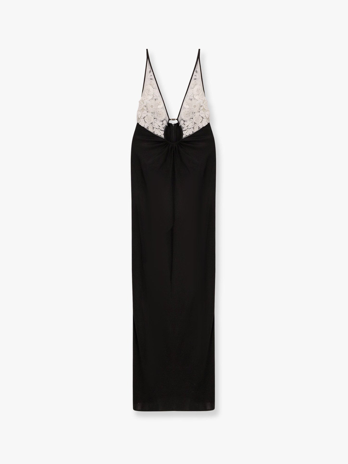 Elisabetta Franchi Red carpet embroidery long dress with voile inserts and flowers detail