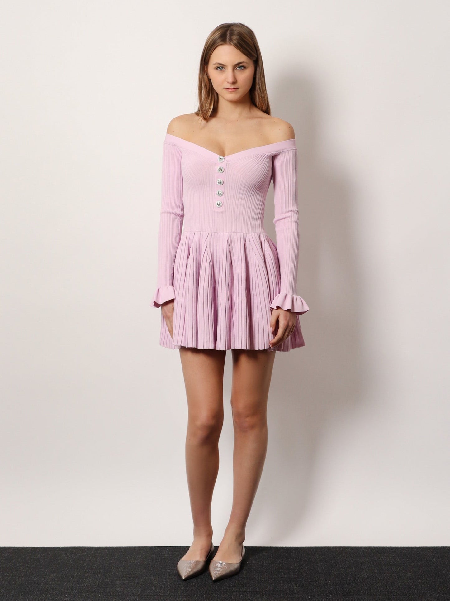 SELF PORTRAIT Ribbed knit mini dress with jewel buttons