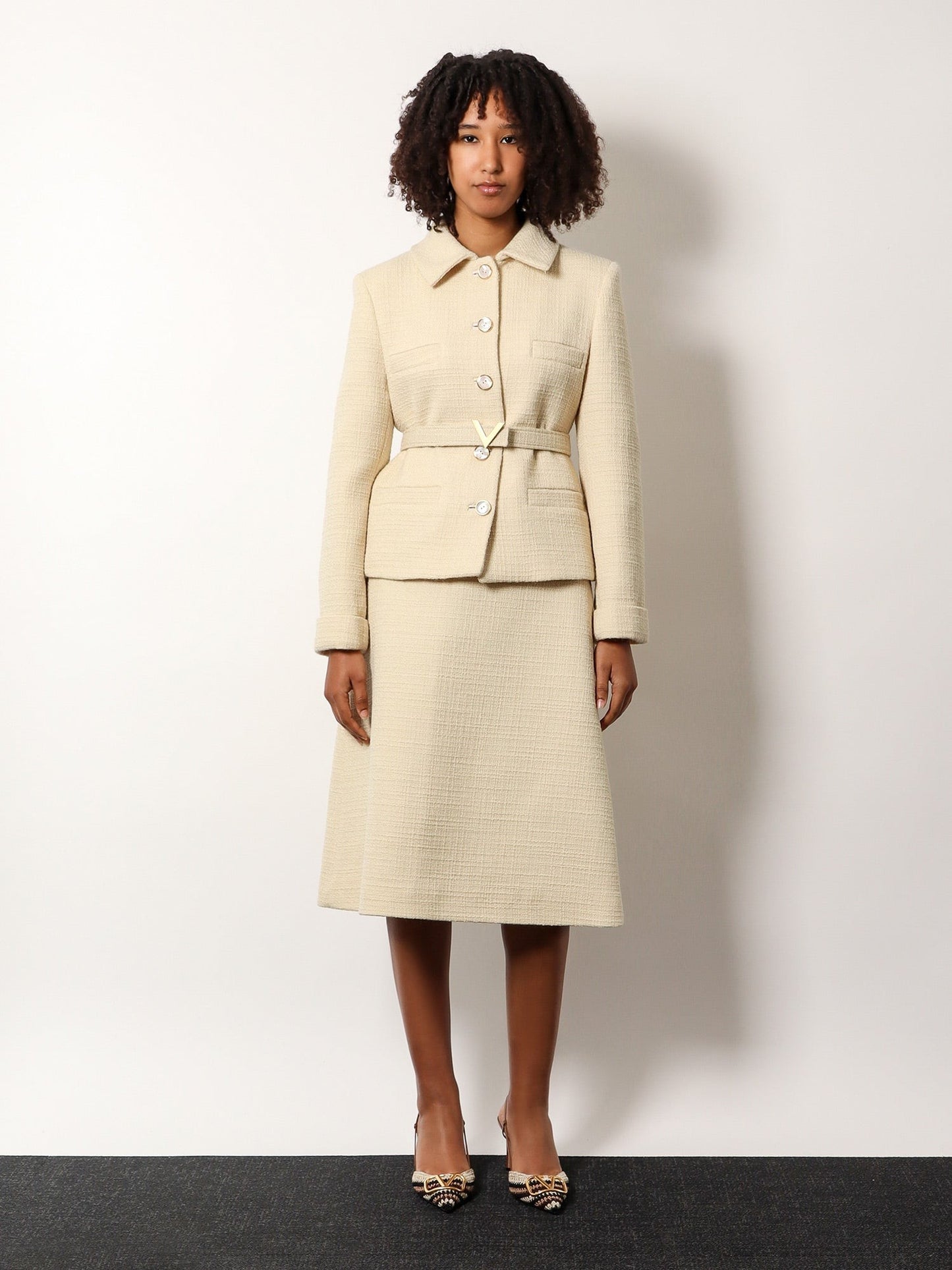 Valentino Wool blazer with leather belt and v gold buckle