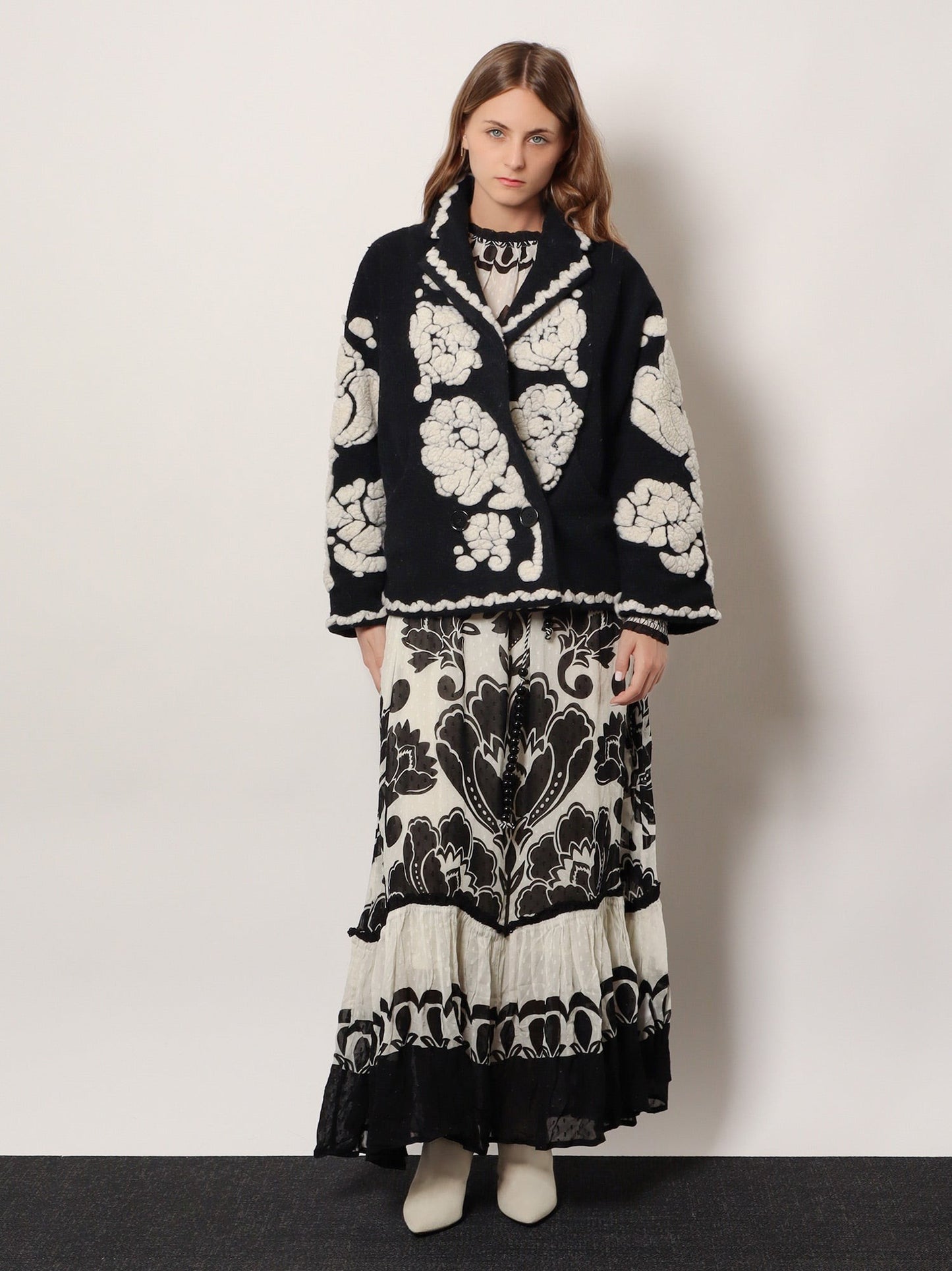 FARM RIO Wool blend coat with Floral Arabesque motif