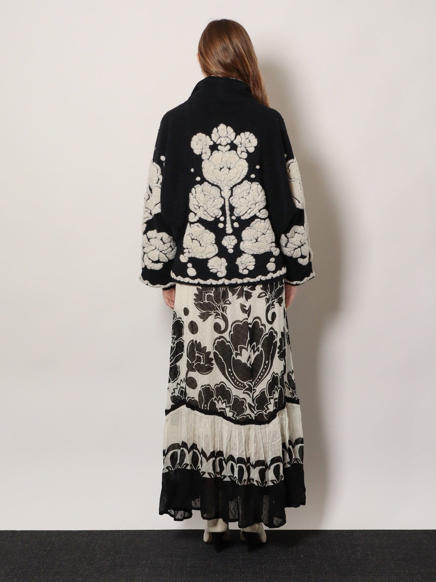 FARM RIO Wool blend coat with Floral Arabesque motif
