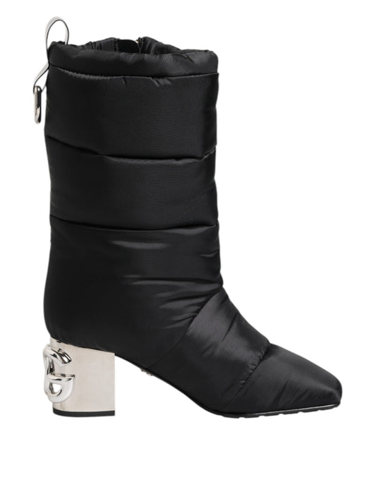 Dolce & Gabbana Black Padded Mid Calf Logo Heel Boots Shoes