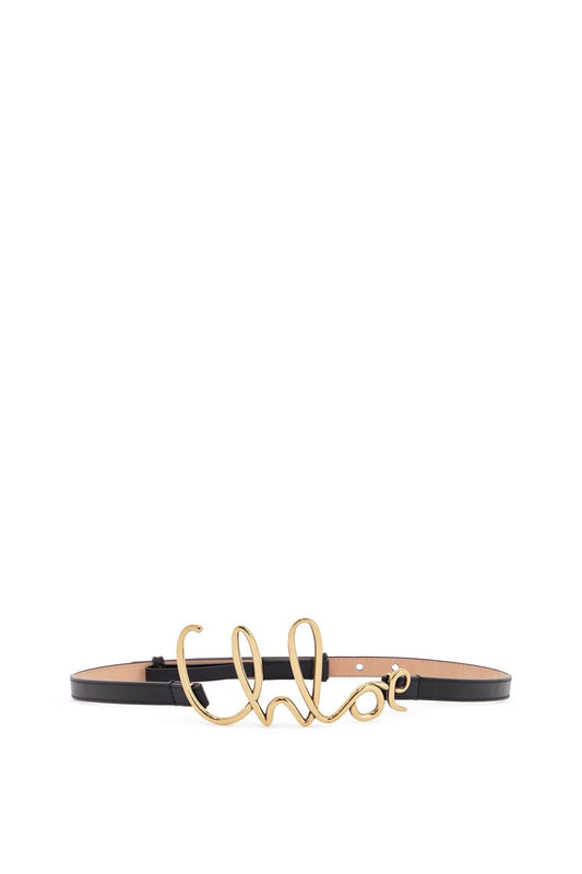 CHLOE' adjustable black calf leather belt with golden logo