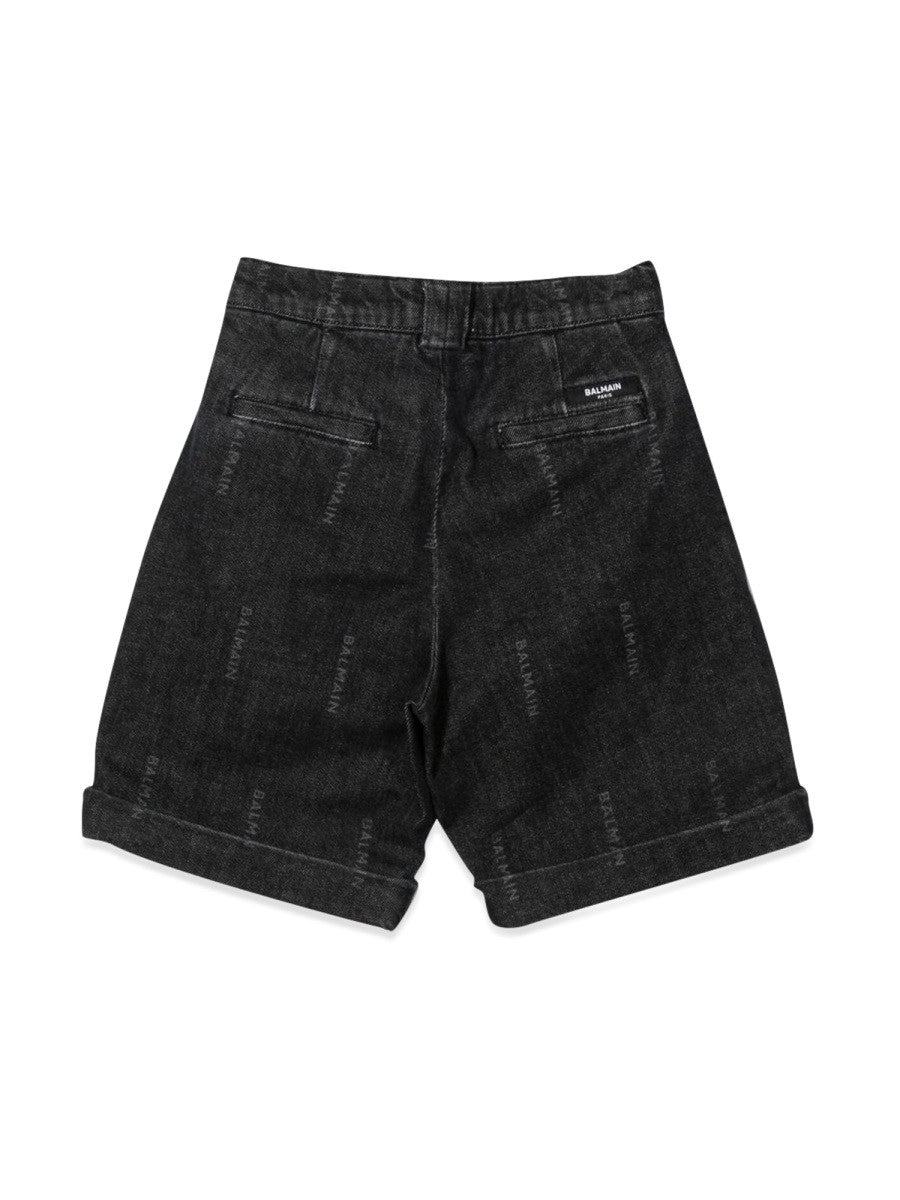 Balmain ALLOVER LOGO DENIM BERMUDA SHORTS