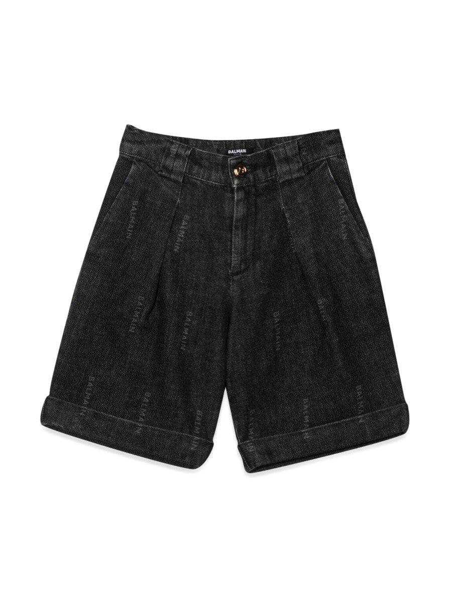 Balmain ALLOVER LOGO DENIM BERMUDA SHORTS