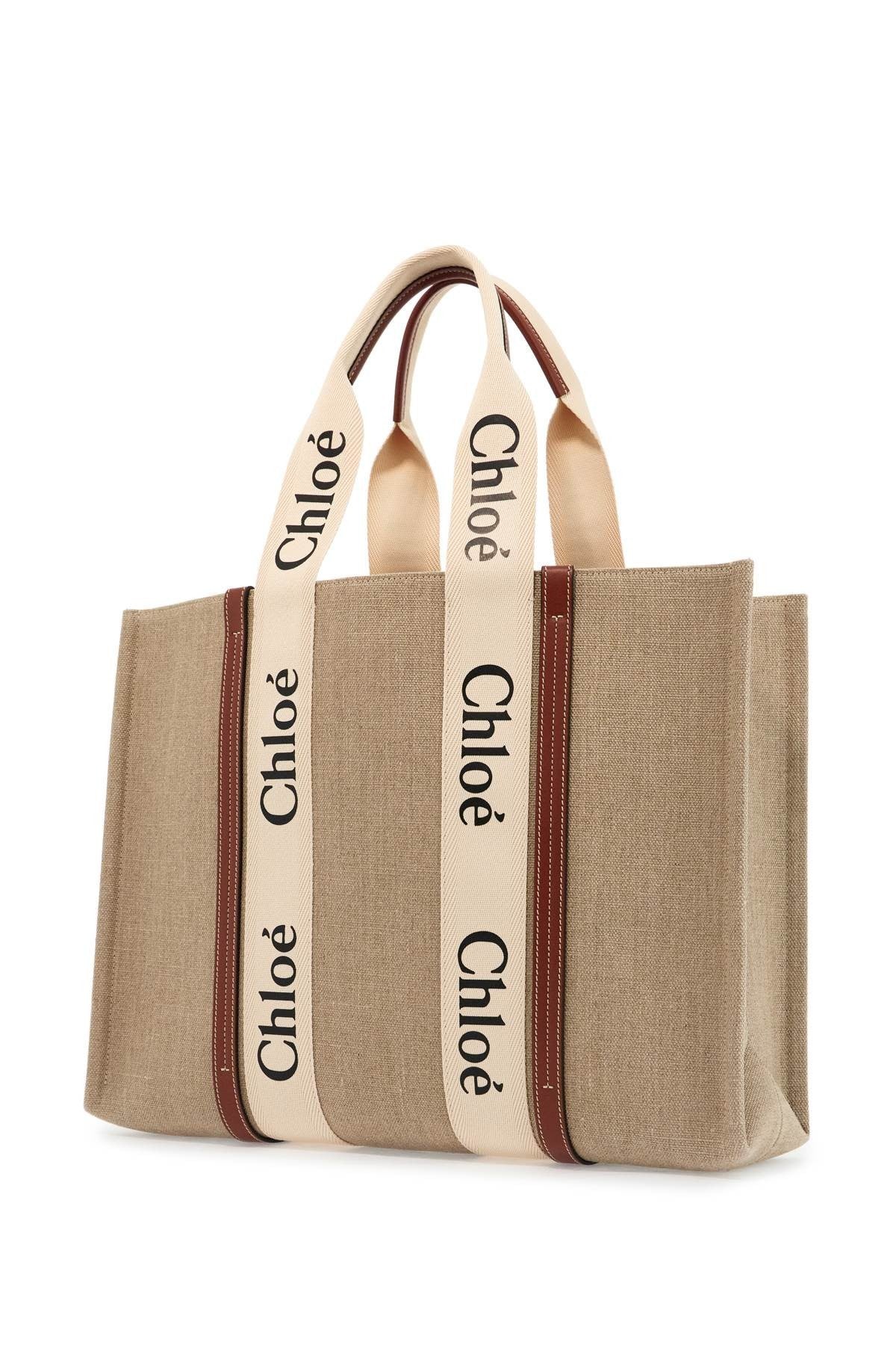 CHLOE' beige logoed linen and leather woody bag