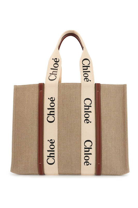 CHLOE' beige logoed linen and leather woody bag