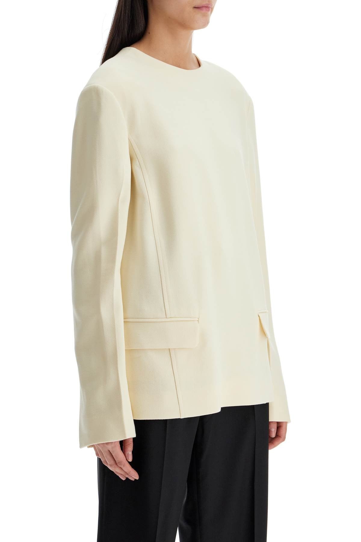 TOTEME beige long sleeve top with applied pockets in viscose and wool