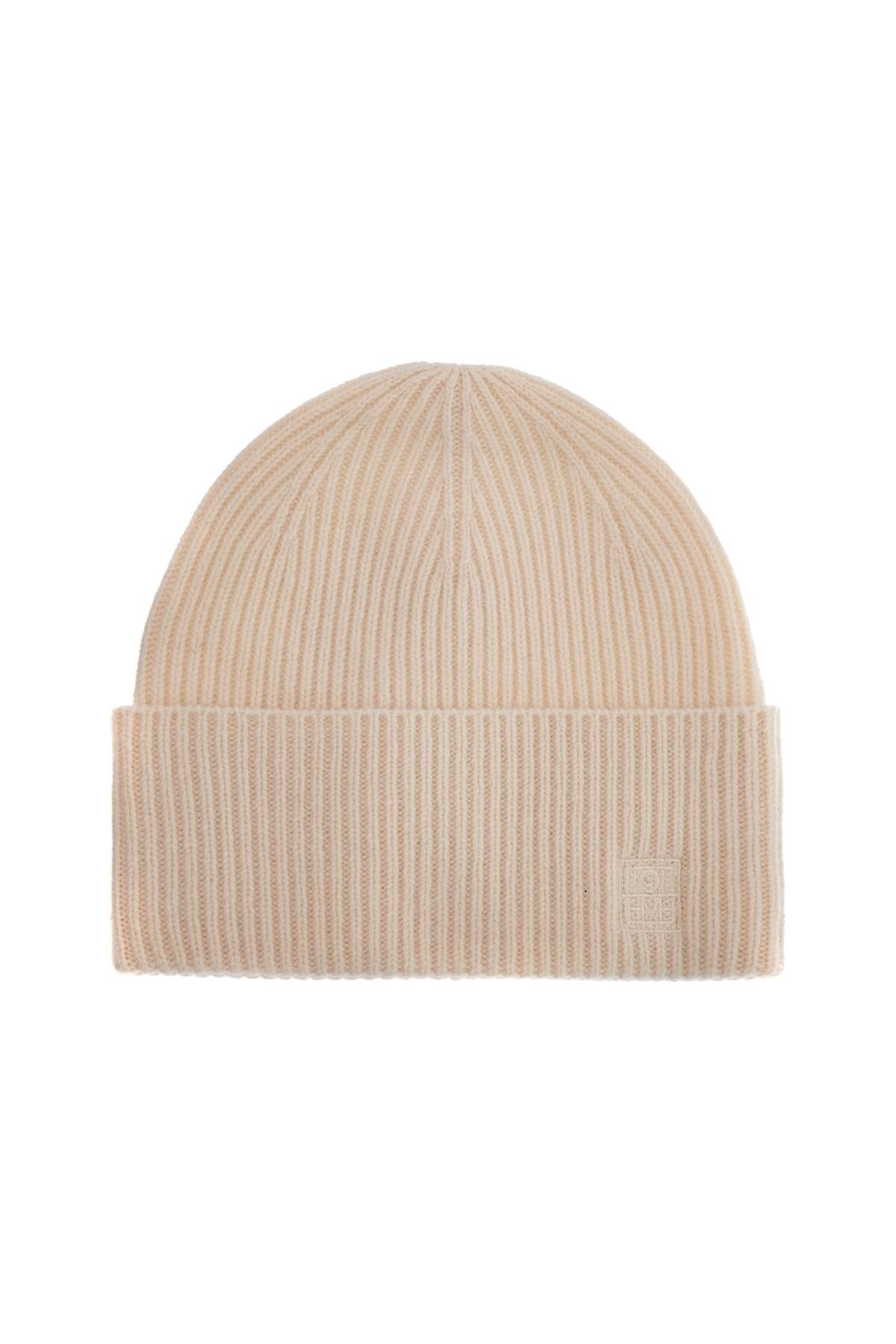 TOTEME beige ribbed wool beanie with embroidered logo