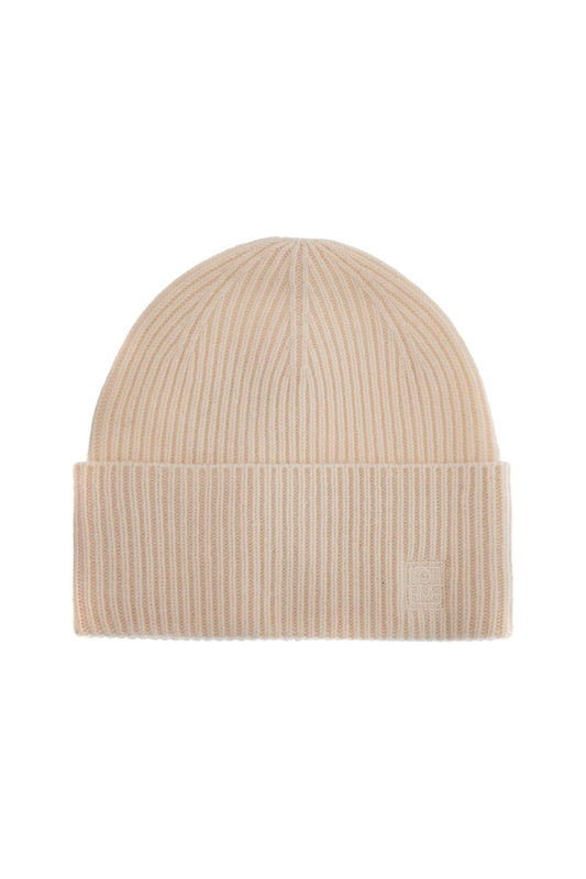 TOTEME beige ribbed wool beanie with embroidered logo