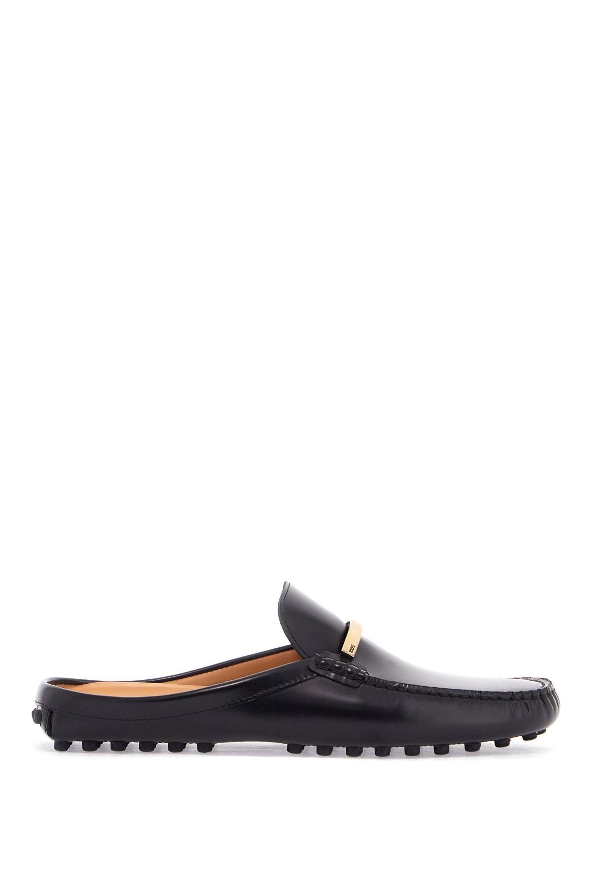 TOD'S black calfskin slip-on loafers with metallic strap and rubber sole