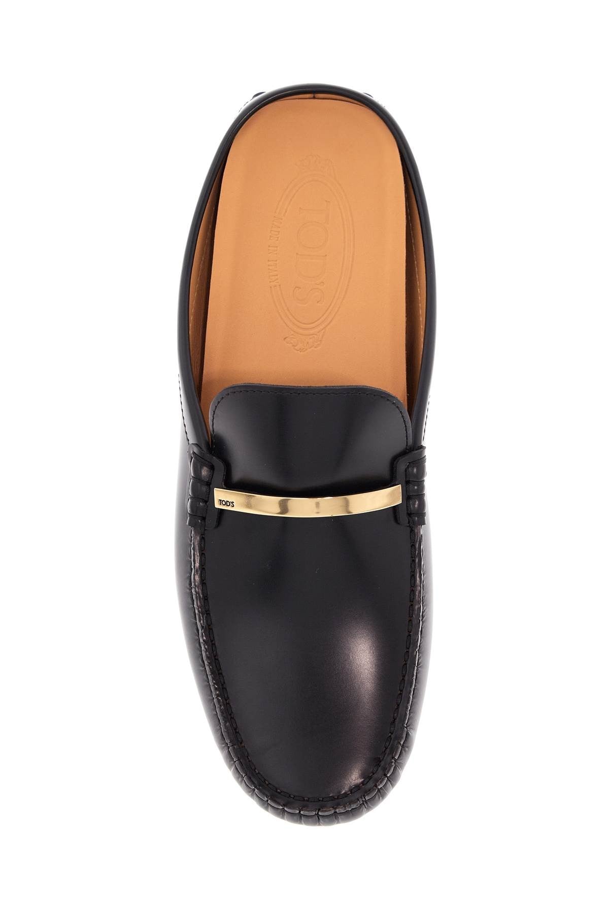 TOD'S black calfskin slip-on loafers with metallic strap and rubber sole