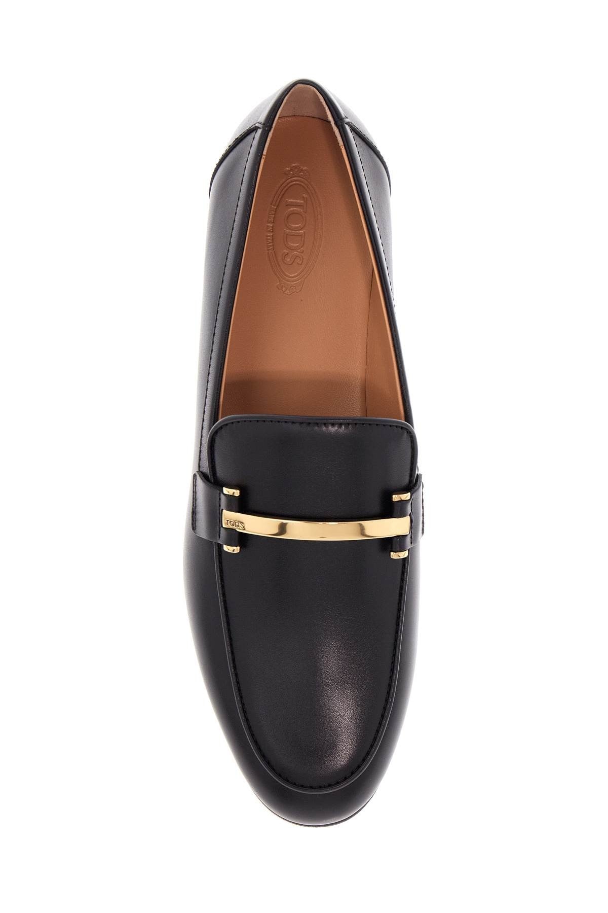 TOD'S black calfskin women's loafers with metallic band