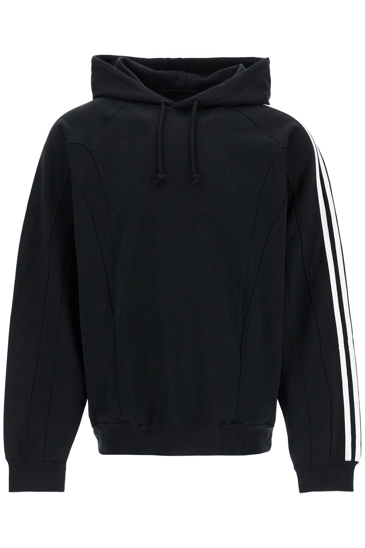 Y-3 black cotton and recycled polyester hoodie with white raglan stripes