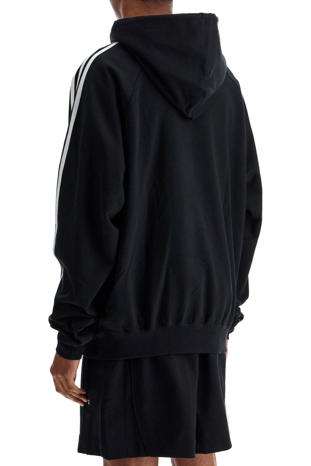 Y-3 black cotton and recycled polyester hoodie with white raglan stripes