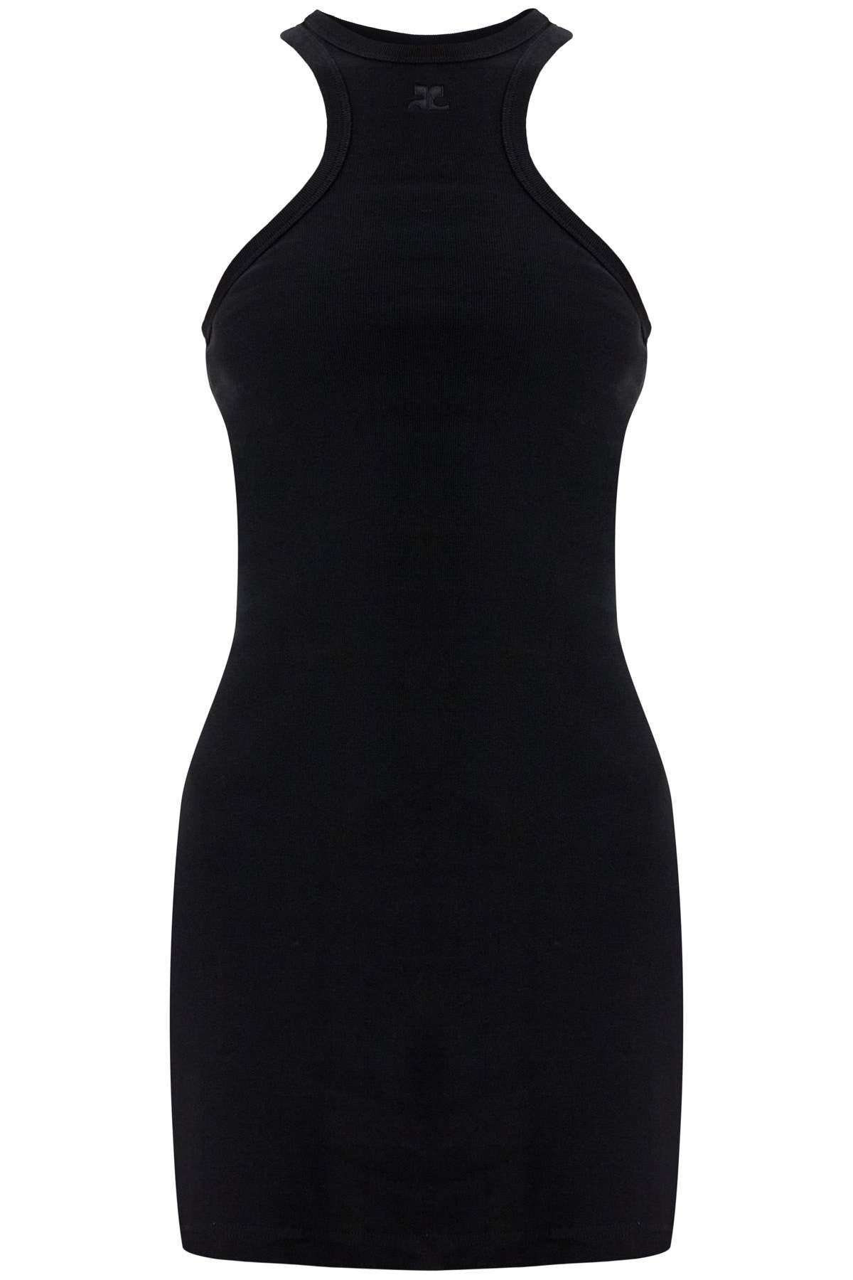 COURREGES black cotton mini dress with high neck and sleeveless design