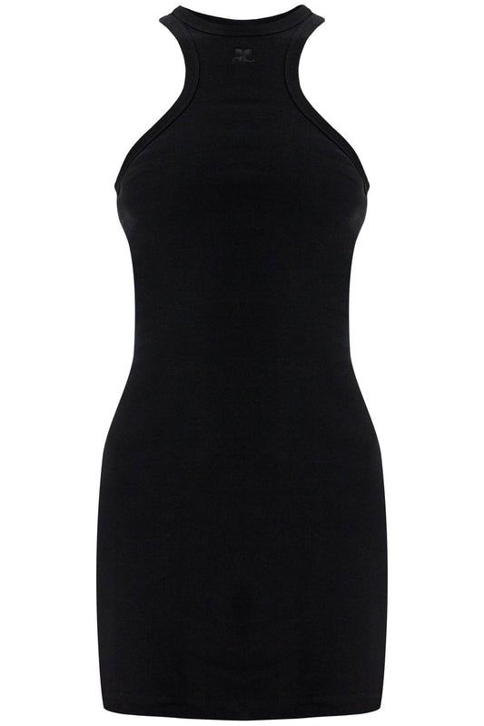 COURREGES black cotton mini dress with high neck and sleeveless design