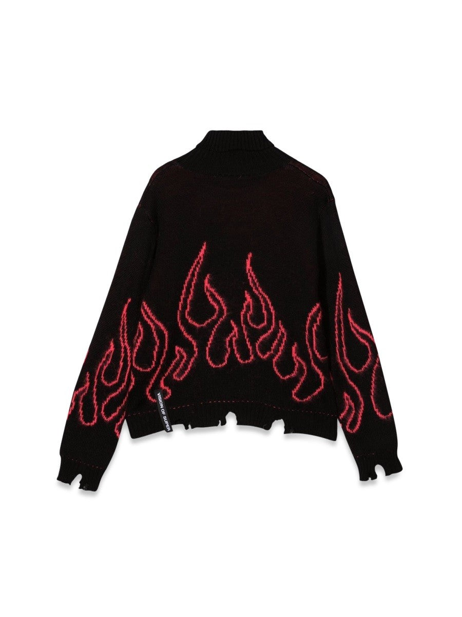 VISION OF SUPER BLACK JUMPER HIGH NECK WITH PINK FLAMES