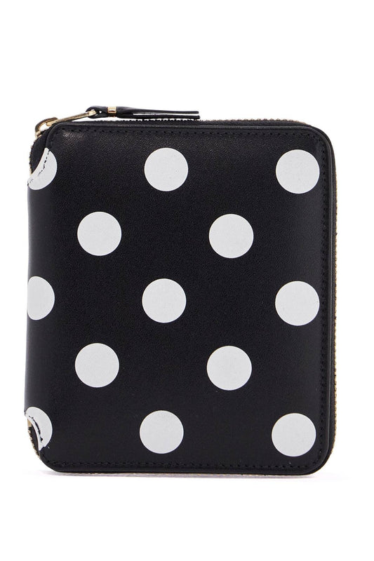 COMME DES GARCONS WALLET black leather wallet with white polka dots and gold zip