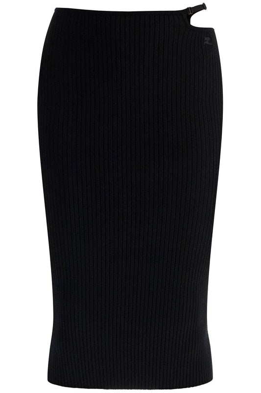 COURREGES black midi skirt in viscose and polyester with vertical ribs