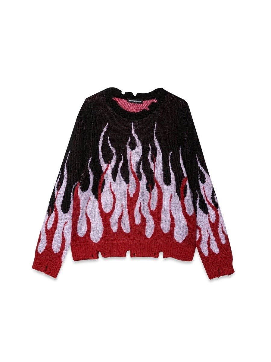 VISION OF SUPER BLACK SWEATER WITH DOUBLE FLAMES