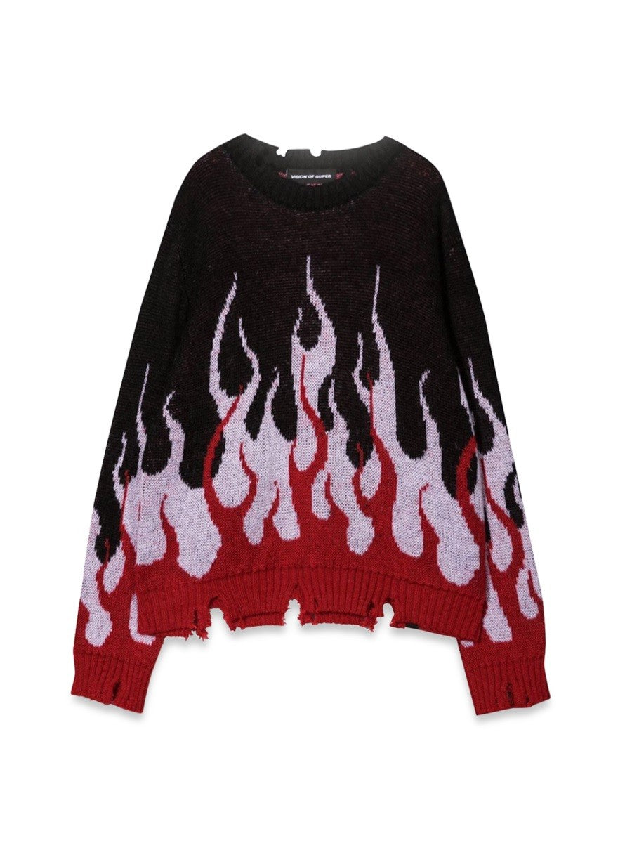 VISION OF SUPER BLACK SWEATER WITH DOUBLE FLAMES