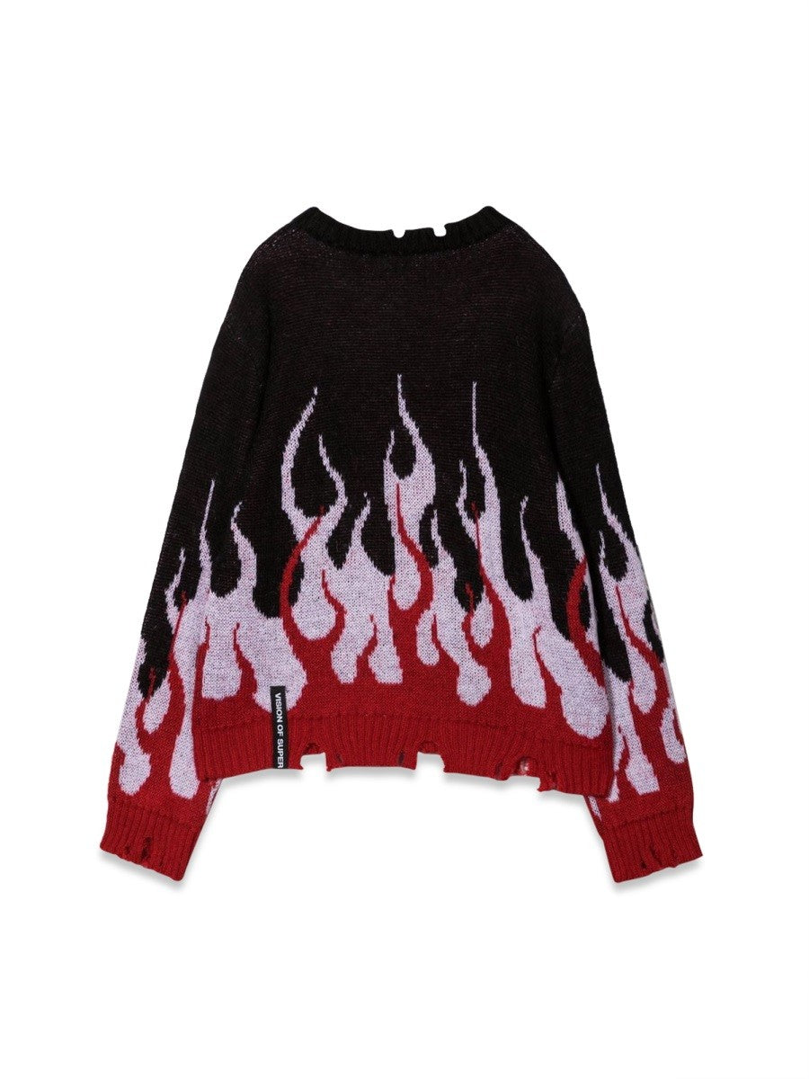 VISION OF SUPER BLACK SWEATER WITH DOUBLE FLAMES