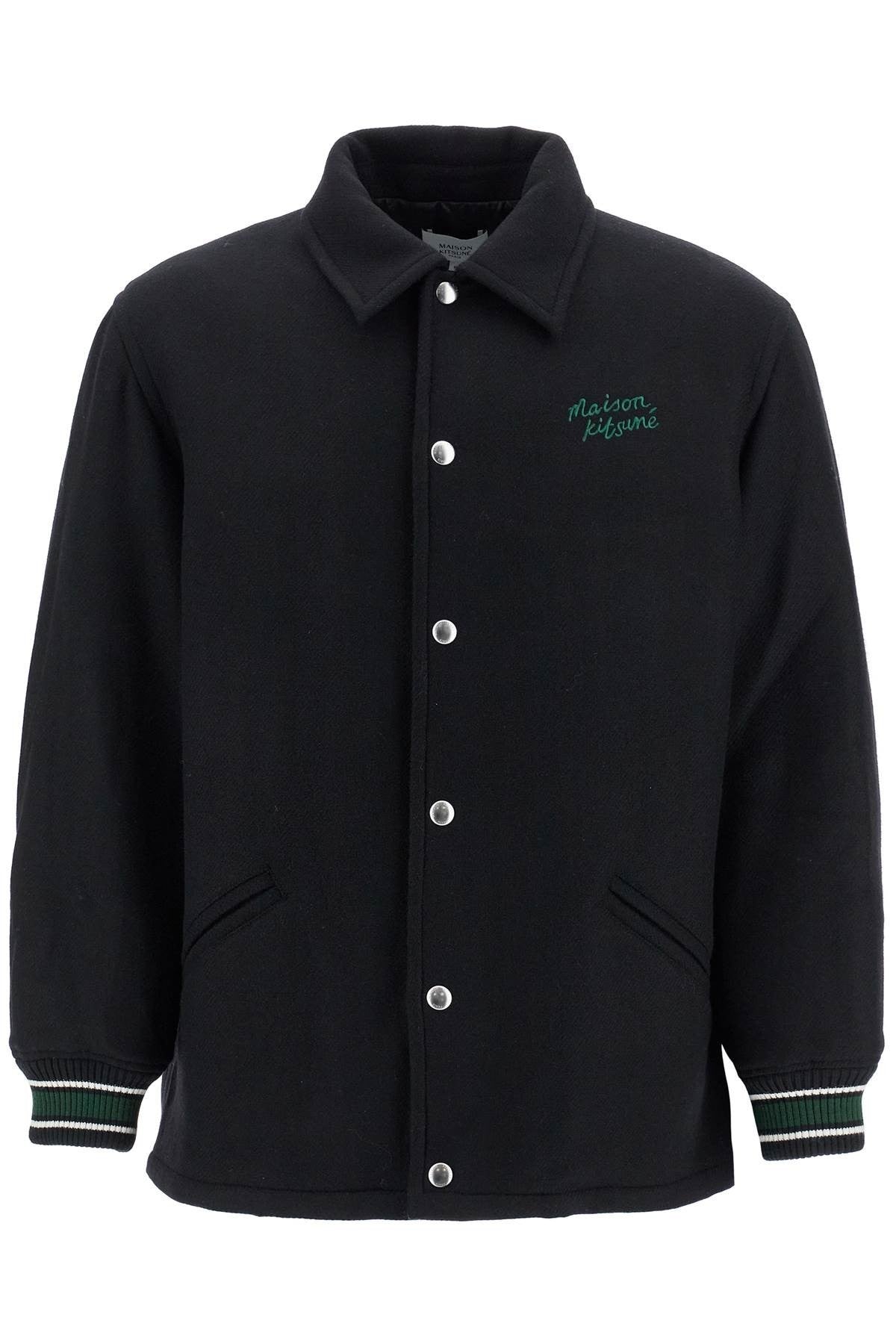 Maison Kitsune black wool varsity jacket with embroidery