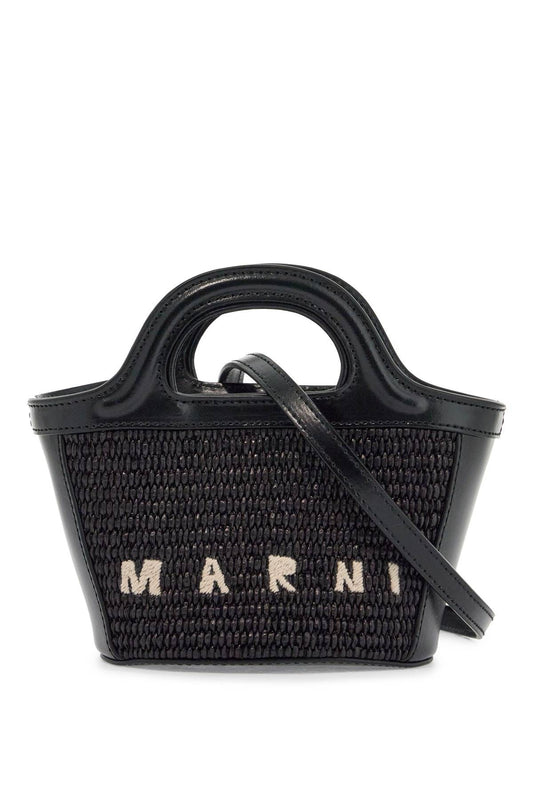 Marni black woven cotton and nylon handbag with leather details and removable shoulder strap