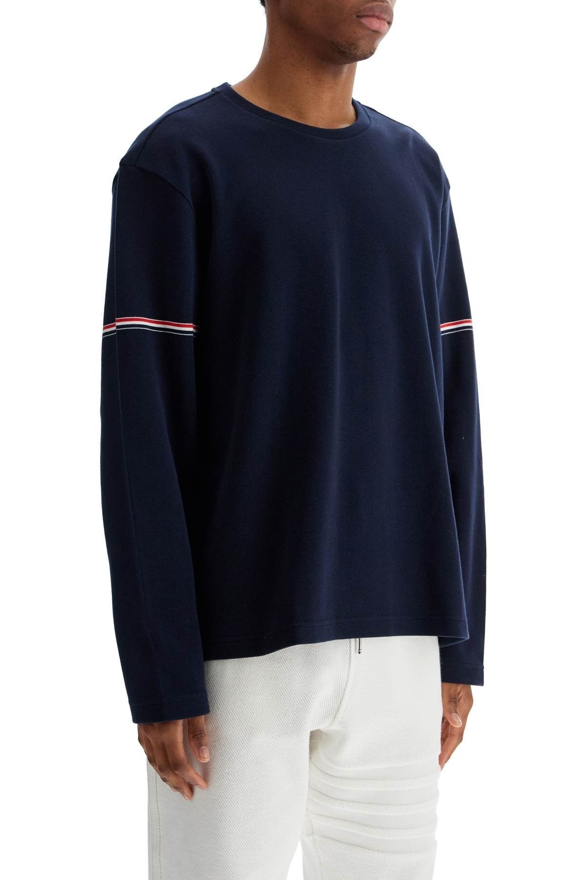 THOM BROWNE blue cotton rugby t-shirt with red and white stripe