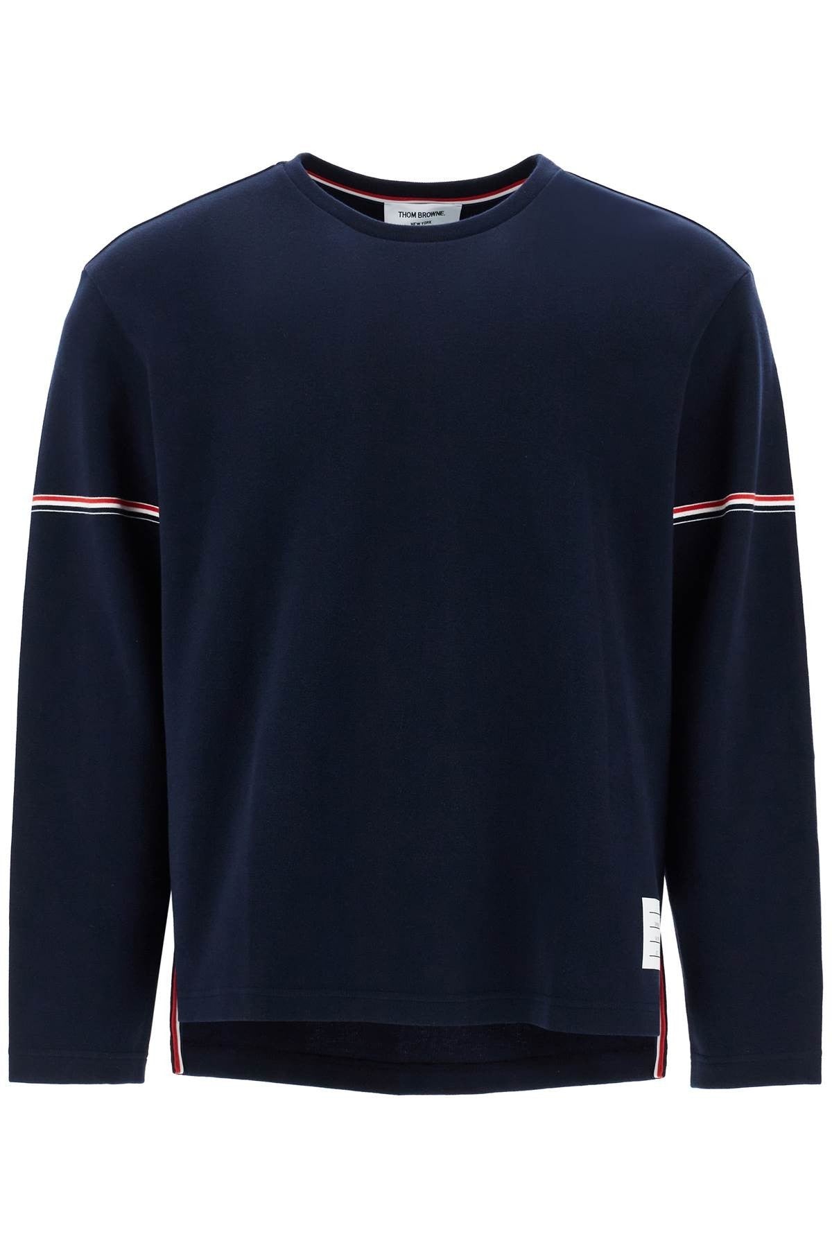 THOM BROWNE blue cotton rugby t-shirt with red and white stripe