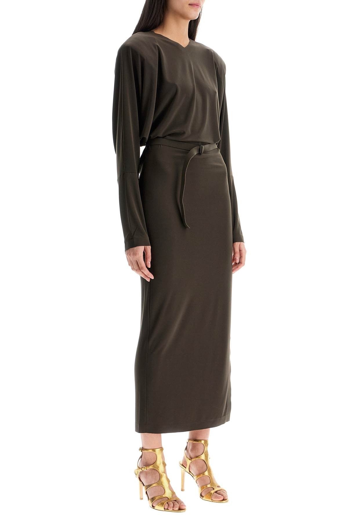 NORMA KAMALI brown midi slim long dress with v-neck and side slit