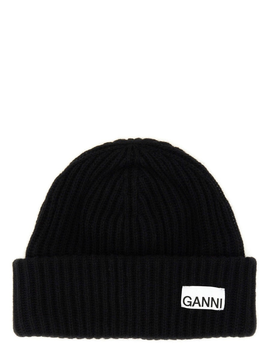 GANNI BEANIE HAT WITH LOGO