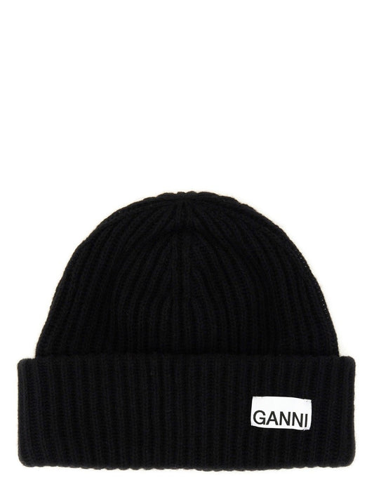 GANNI BEANIE HAT WITH LOGO
