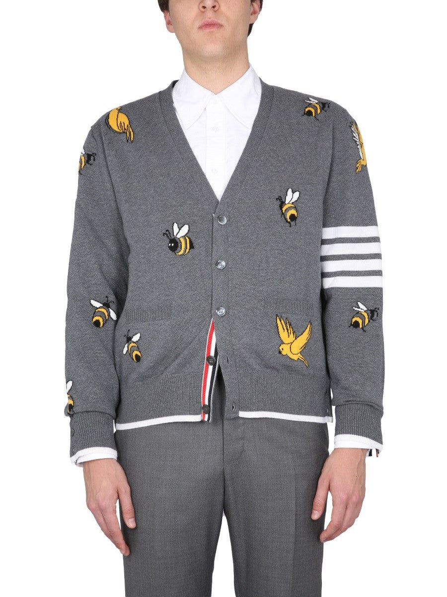 THOM BROWNE CARDIGAN WITH BIRDS AND BEES INLAYS