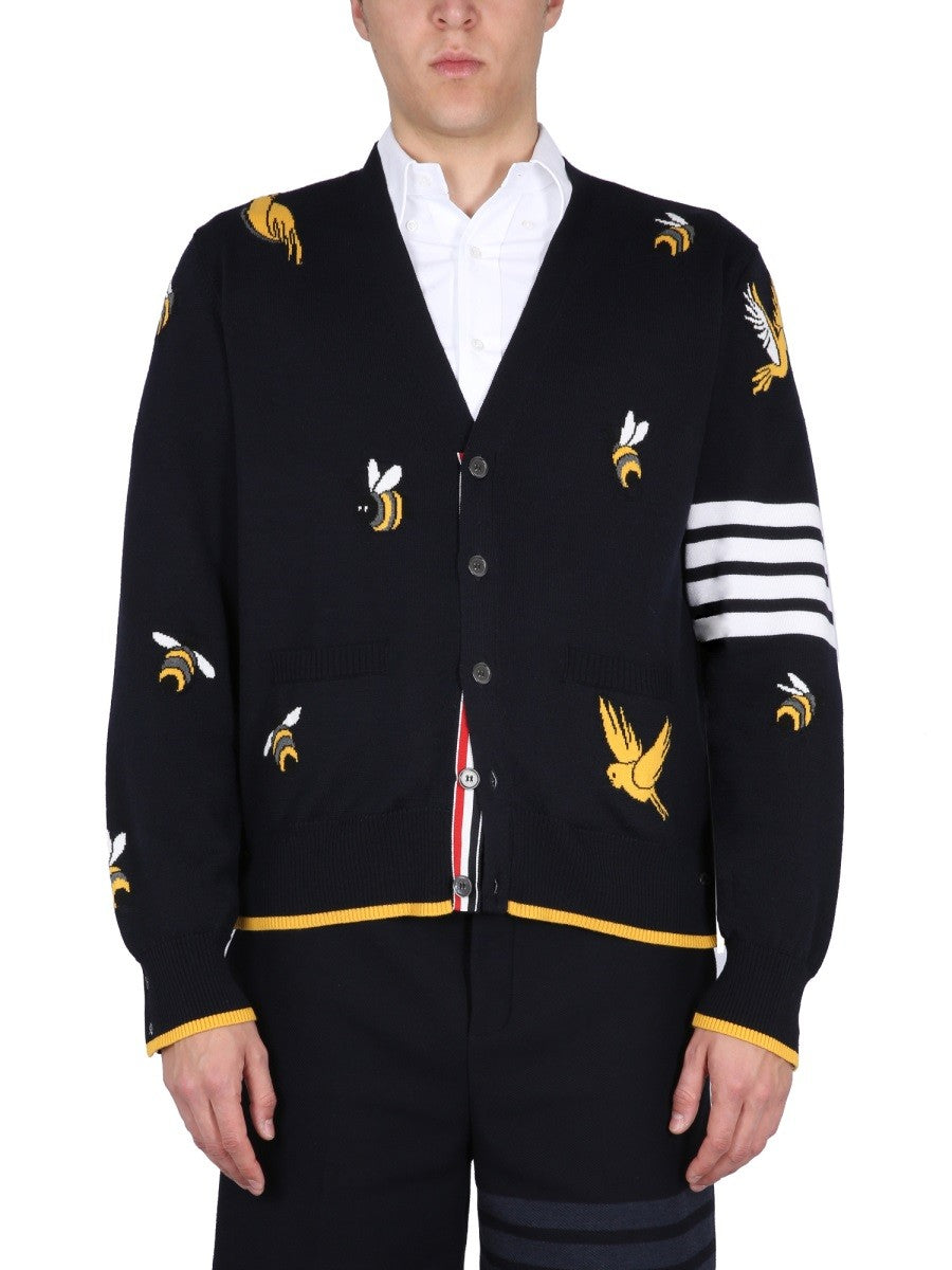 THOM BROWNE CARDIGAN WITH BIRDS AND BEES INLAYS