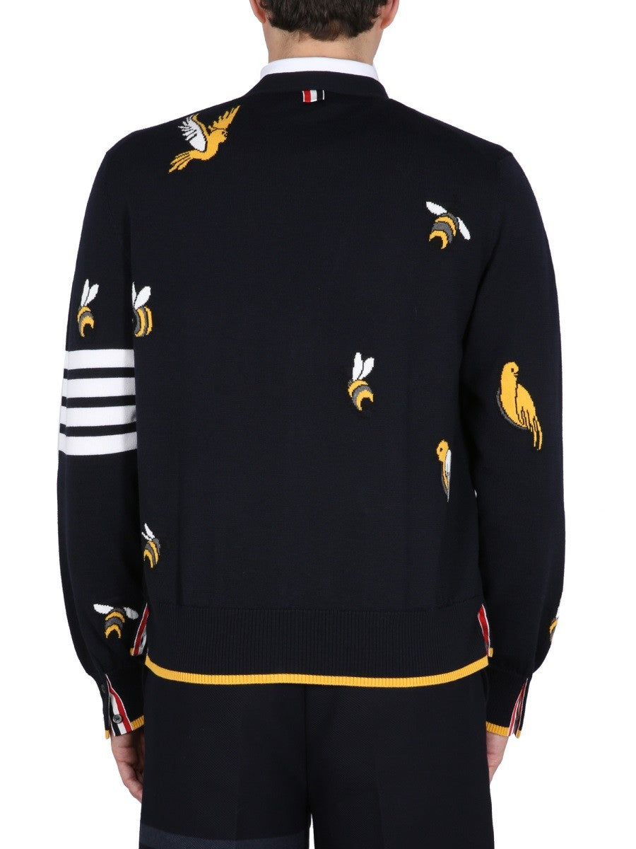 THOM BROWNE CARDIGAN WITH BIRDS AND BEES INLAYS