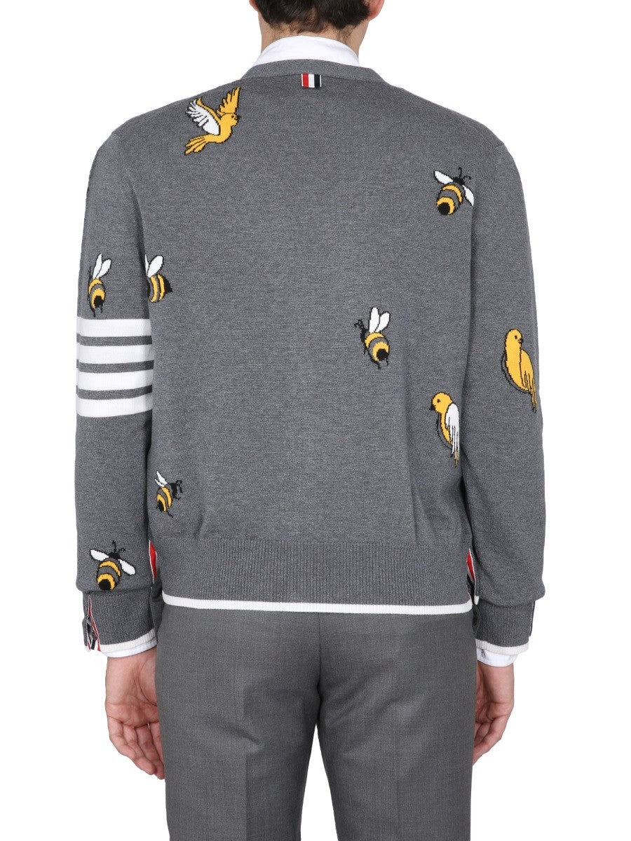 THOM BROWNE CARDIGAN WITH BIRDS AND BEES INLAYS