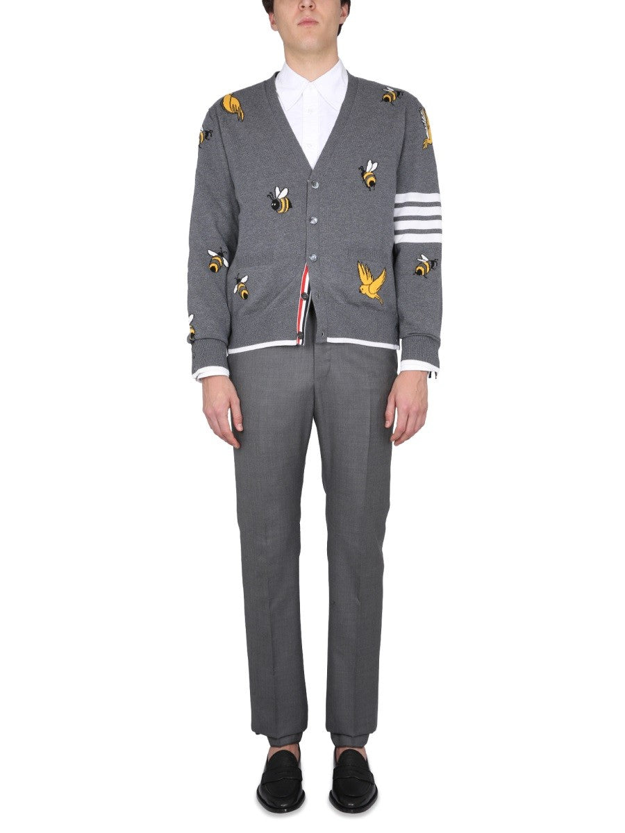 THOM BROWNE CARDIGAN WITH BIRDS AND BEES INLAYS