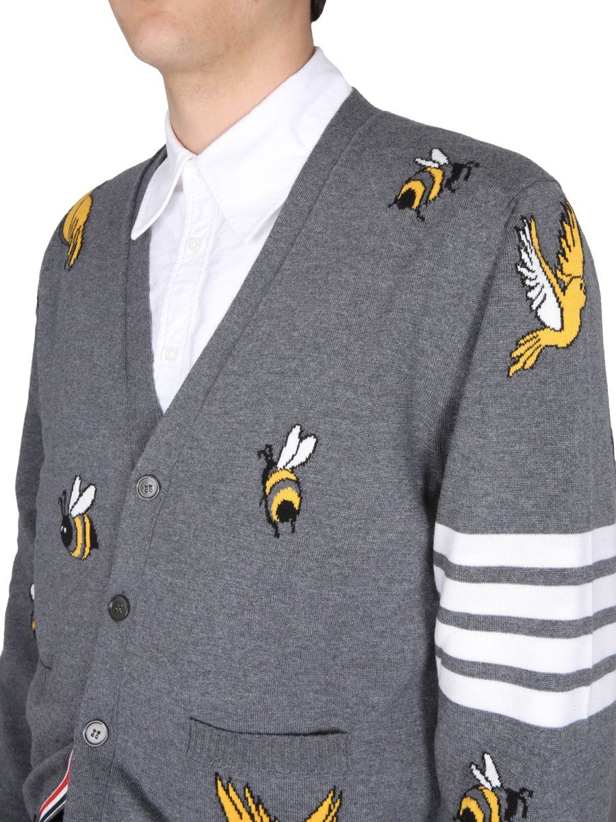 THOM BROWNE CARDIGAN WITH BIRDS AND BEES INLAYS