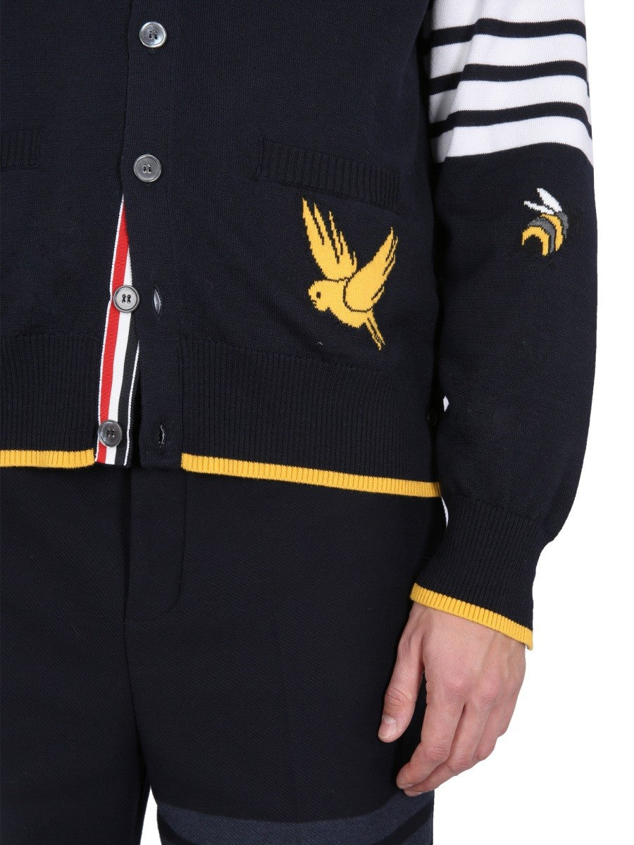 THOM BROWNE CARDIGAN WITH BIRDS AND BEES INLAYS