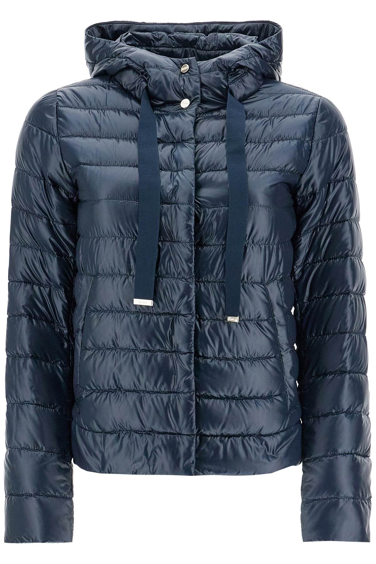 Herno cropped down jacket with hood in ultralight dark blue nylon