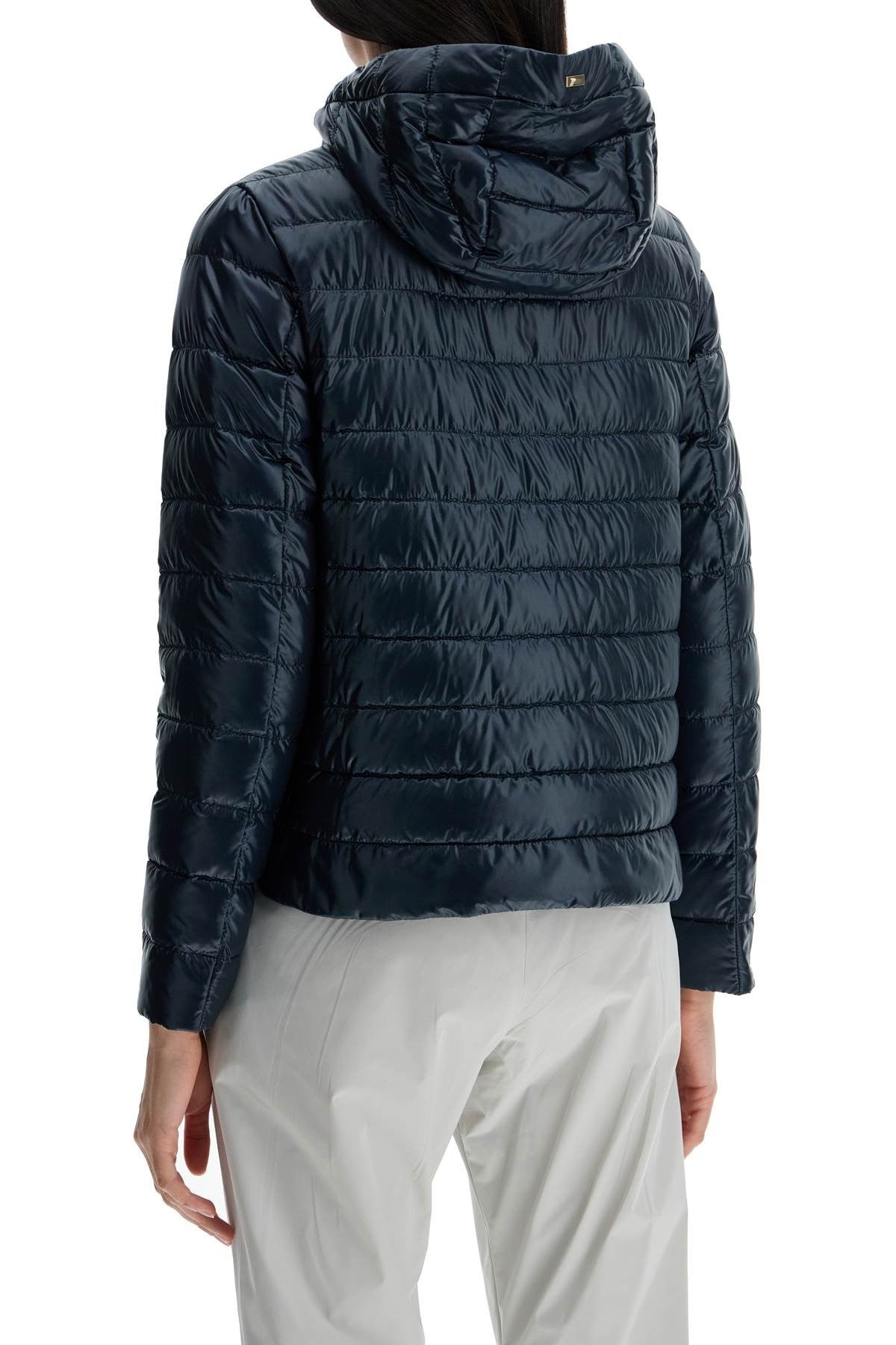 Herno cropped down jacket with hood in ultralight dark blue nylon